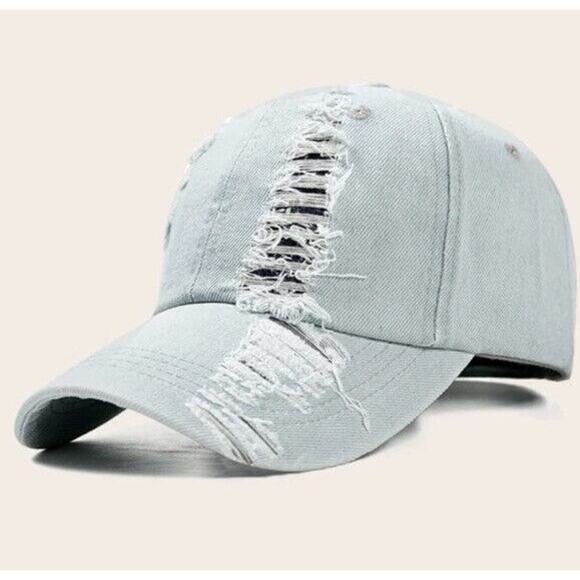 Denim Baseball Cap Distressed Ripped Hat Adjustable One Size Women Men - Picture 2 of 3